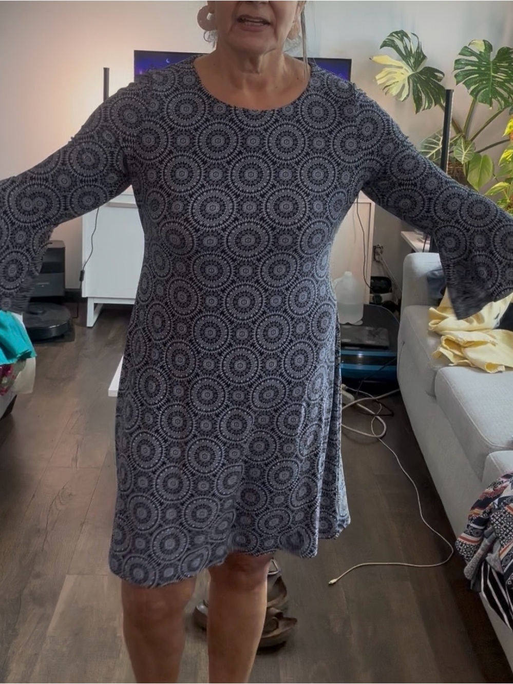Tommy Hilfiger Navy Medallion Print Bell Sleeve A-Line Dress Size Large